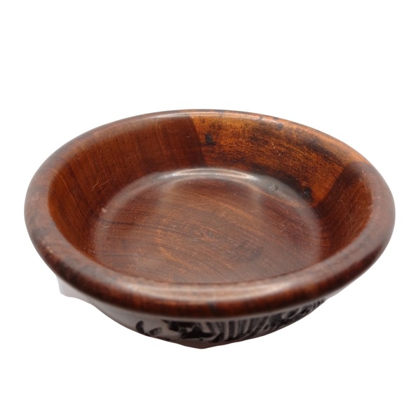 Vintage Ironwood Hand-Carved Bowl with Jungle/Rhino/Elephant Design Small Dish - Picture 5 of 6